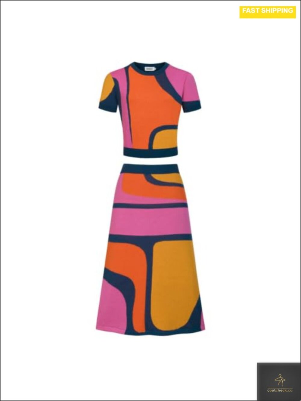 Retro Color-Block Knit Skirt Set 2 Piece Cotton Casual T-Shirt & Skirt